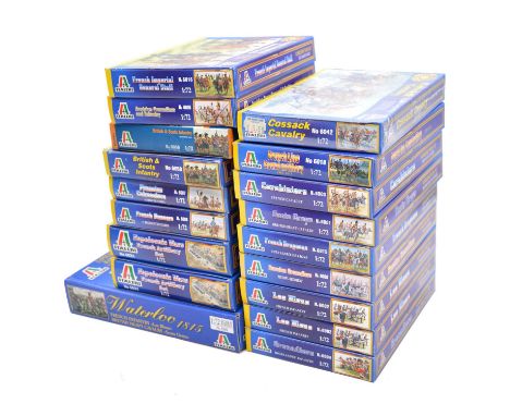 Italeri 1/72 scale Napoleonic figure sets, eighteen including ref. 6101 'Waterloo'; ref. 6031 French artillery set (x2); ref.