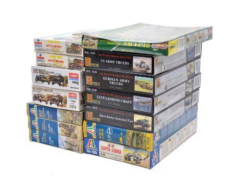 Fourteen 1/72 scale model military vehicles, Pegasus, Italeri, ESCI and others, including Pegasus ref. 7610 German army truck