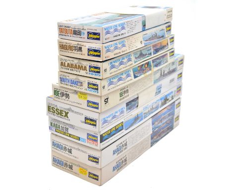 Hasegawa waterline series 1/700 scale model ship kits, nine including USS Alabama; USS South Dakota; IJN Ise; IJN Akagi (x2);