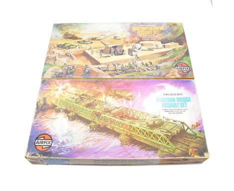 Airfix OO/HO scale model kits, two including ref. 51650 Gun Emplacement assault set; ref. 51651 Pontoon bridge assault set; b