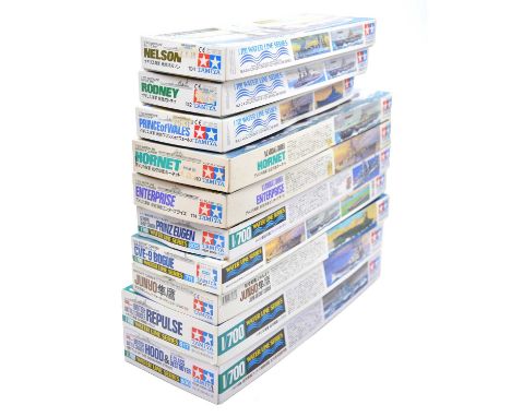 Tamiya 1/700 scale model waterline ship models, ten including IJN Junyo; HMS Hood; HMS Repulse; USS CVE-9 Bogue; Prinz Eugen;