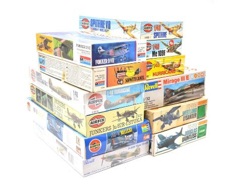 Twelve 1/32 and 1/48 scale model aircraft kits, Matchbox, Revell, Airfix and Monogram, including Matchbox ref. PK-504 Westlan