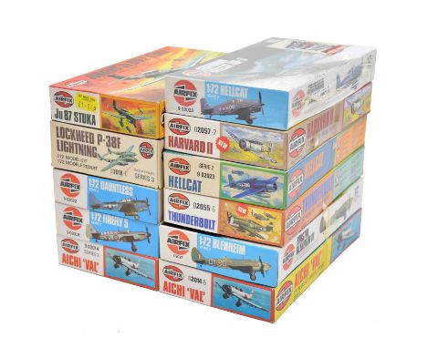Airfix 1/72 scale model aircraft kits, eleven including ref. 02023 Hellcat (x2); ref. 02027 Blenheim; ref. 02049 Ju87 Stuka; 