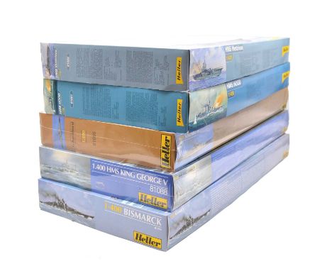 Heller 1/400 scale model warship kits, five including HMS Hood; HMS King George V; HMS Illustrious; Bismarck; Scharnhorst, al