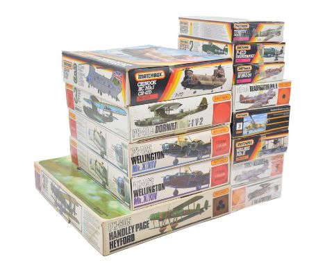Matchbox 1/72 scale model aircraft kits, thirteen including ref. PK-402 Wellington Mk X/XIV (x2); ref. PK-605 Handley Page He