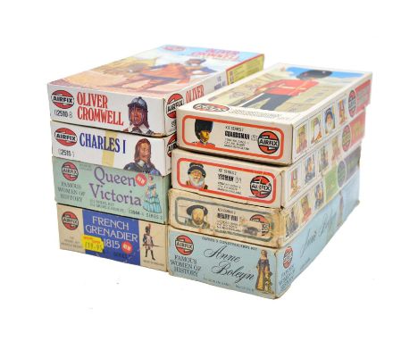Airfix 1/12 scale model figure kits, eight including ref. 02551-1 Charles I; ref. 02510-8 Oliver Cromwell; ref. 03542-8 Anne 