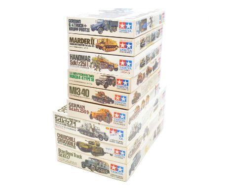 Tamiya 1/35 scale military vehicle kits, nine including Marder II; M13 40; Churchill Crocodile; and others, all boxed, appear