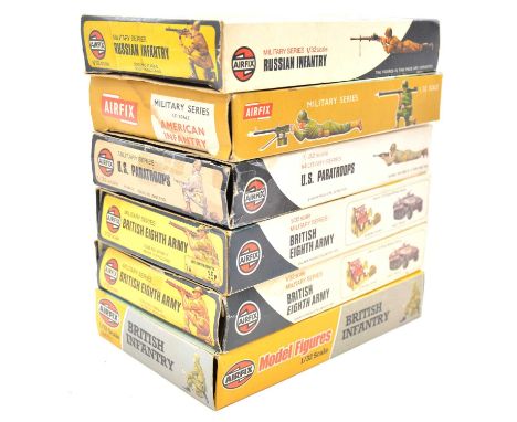 Airfix 1/32 scale infantry figure sets, six including ref. 51475-8 British infantry; ref. 51453-8 Russian infantry; American 