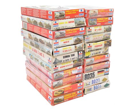 ESCI 1/72 scale Axis military vehicle kits, twenty-two including ref. 8035 Opel 3.6 ambulance; ref. 8057 Flammpanzer; ref. 80