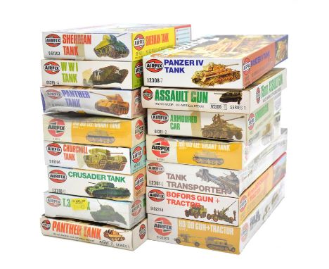 Airfix OO/HO scale model vehicle kits, fifteen including ref. 61316 T34; ref. 61304 Churchill; ref. 61302 Panther; ref. 61303