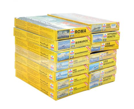 ESCI 1/1200 scale model ship kits, thirteen including ref. 411 Vittorio Veneto (x2); ref. 419 HMS King George V (x2); ref. 42