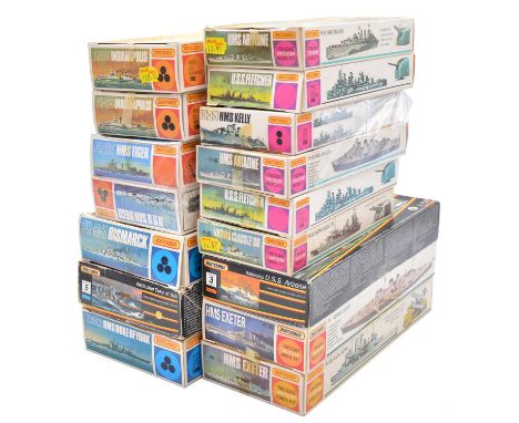 Matchbox 1/700 and 1/720 scale model warship kits, sixteen including ref. PK-351 Bismarck; ref. PK-165 USS Indianapolis (x2);