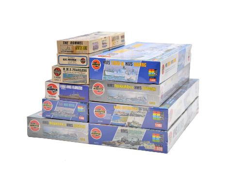 Airfix 1/600 scale model ship kits, ten including ref. 04214 HMS Manxman and HMS Sulfolk (x2); ref. 03205 HMS Fearless (x2); 