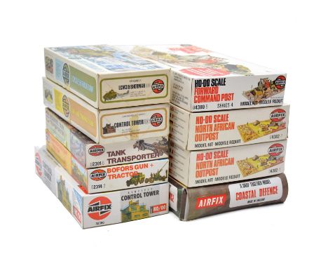 Airfix OO/HO scale model kits, nine including ref. 1694 Costal Defence; ref. 03380 Control Tower (x2); ref. 03301 LCM3 and Sh