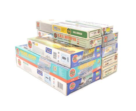 Airfix 1/600 scale model ship kits, ten including ref. 01204 HMS Campbeltown; ref. 04203 HMS Nelson (x2); ref. 05205 Falkland