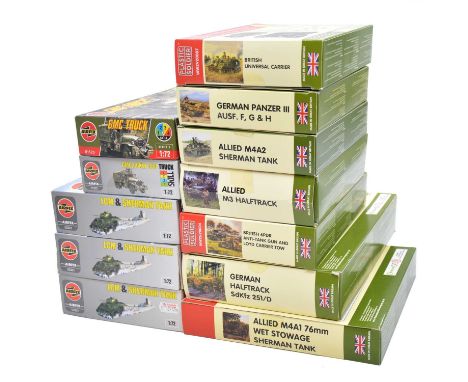 Airfix and Plastic Soldiers 1/72 scale model military vehicles, twelve including Airfix ref. 03301 LCM and Sherman (x3); ref.