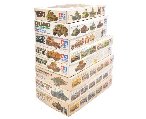 Tamiya 1/35 scale model military vehicle kits, eight including ref. MM114 Sturmgeschuetz III; ref. MM197 M5A1; ref. MM145 Qua