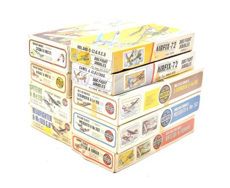 Airfix 1/72 scale 'Dogfight Doubles' model aircraft kits, nine including ref. 03141-9 Spitfire and Me110; ref. 03144-8 Stormo