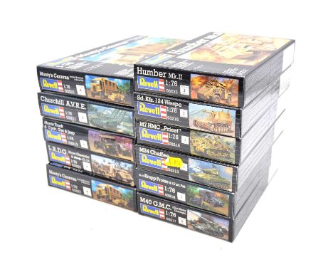 Revell 1/76 scale military vehicle kits, eleven including ref. 03227 Monty's Caravan (x2); ref. 03221 Churchill AVRE; ref. 03