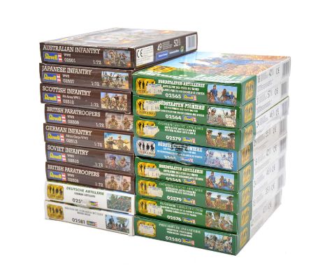 Revell 1/72 scale military figure sets, seventeen including ref. 02512 Scottish Infantry WWII; ref. 02576 French Mounted Guar