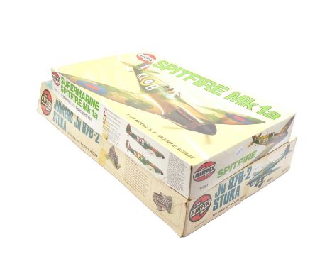 Airfix 1/24 scale model aircraft kits, two including ref. 18002 JU 87B 'Stuka'; ref. 12001 Spitfire, both boxed, both appear 