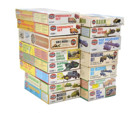 Airfix OO/HO scale model vehicle kits, fifteen including 02304 Emergency Set (x2); ref. 03304 RAF recovery set (x2); ref. 613