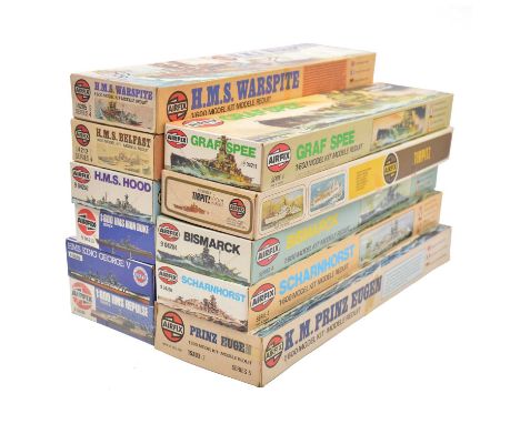 Airfix 1/600 scale model ship kits, eleven including ref 05230-2 Prinz Eugen; ref. 04212-3 HMS Belfast; ref. 04204 Bismarck; 