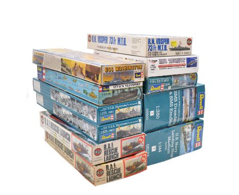 Eleven model ship kits, between 1/72 and 1/375 scale, Revell, Airfix and Mirage, including Revell ref. 05500 SMS Dresden and 
