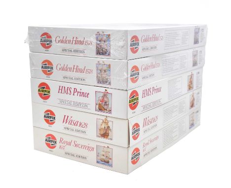 Airfix Classic Ships model kits, five including ref. 09258 Golden Hind 1/72 scale (x2); ref. 09254 HMS Prince 1/180 scale; re
