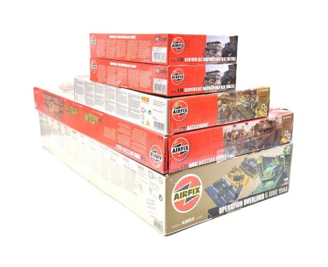 Airfix 1/76 scale model dioramas and kits, five including A03306 Bedford QLT and Bedford QLT trucks (x2); ref. A50009 Battlef