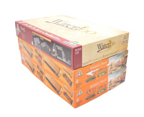Italeri 1/72 scale model diorama sets, three including ref. 6114 Rorke's Drift (x2); ref. 6111 Waterloo, all boxed, appear co