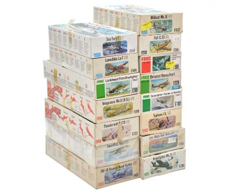 Frog 1/72 scale model aircraft kits, fifteen including ref. F231 Typhoon IB; ref. F154 Sea Fury X; ref. F232 Thunderbolt P-47