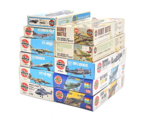 Airfix 1/72 scale model aircraft kits, eleven including ref. 01064 Focke Wulf 190D; ref. 03033 TBM-3 Avenger; ref. 03011 Jagu