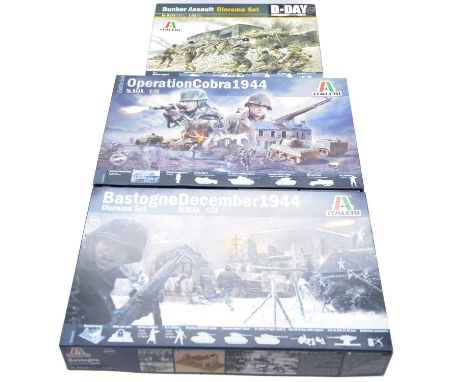 Italeri 1/72 scale model diorama sets, three including ref. 6172 Bunker Assault; ref. 6116 Operation Cobra 1944; ref. 6113 Ba