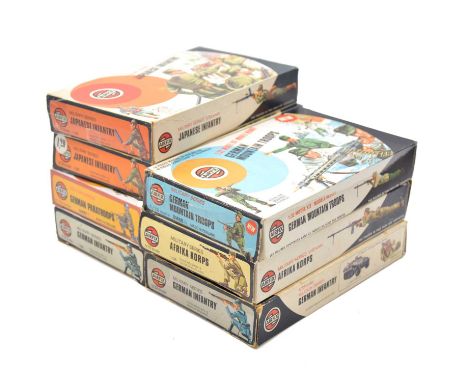 Airfix 1/32 scale Axis infantry sets, seven including ref. 51451-2 German infantry (x2); ref. 51457-0 Afrika Korps; ref. 5145