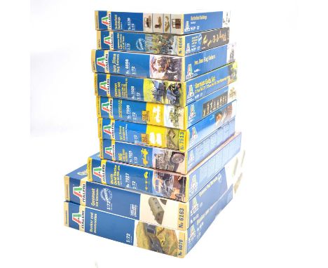 Italeri 1/72 scale model kits, ten including ref. 7027 Morris quad tractor; ref. 6163 Quonset huts; ref. 6098 Iwo Jima flag r