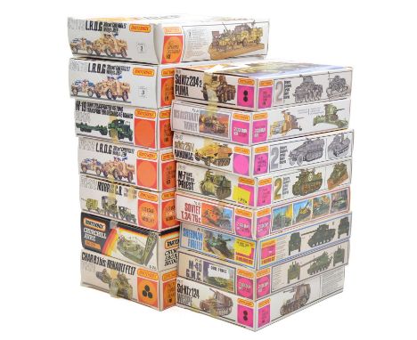 Matchbox 1/76 scale model military vehicle kits, fifteen including ref. PK-173 / 40173 'Willy's Jeep' (x3); ref. PK-176 Renau