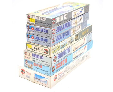 Airfix 1/144 scale model commercial aircraft kits, seven including ref. 03181 Boeing 737-200, Air France livery; ref. 04170-0