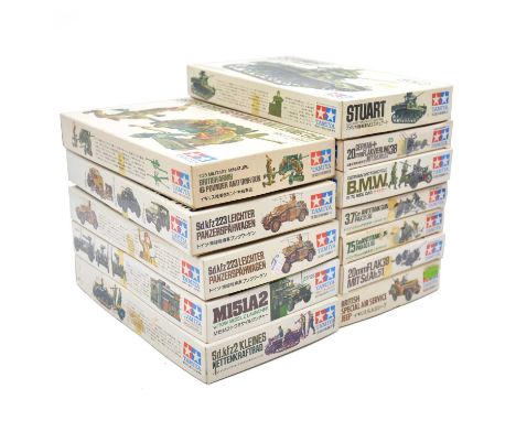 Tamiya 1/35 scale model vehicles, twelve including ref. MM162 Leichter Panzerspahwagen (x2); ref. 3625 M151A2; ref. MM142 Stu