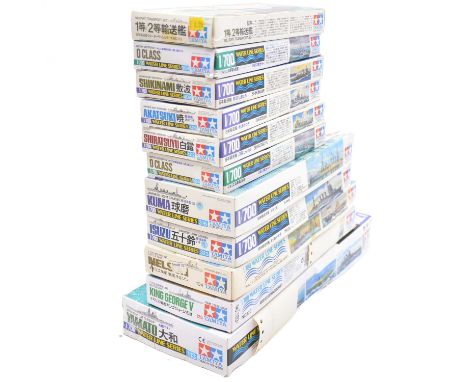 Tamiya 1/700 scale waterline ship model kits, eleven including IJN Yamato; HMS King George V; HMS Nelson; IJN Isuzu; IJN Kuma