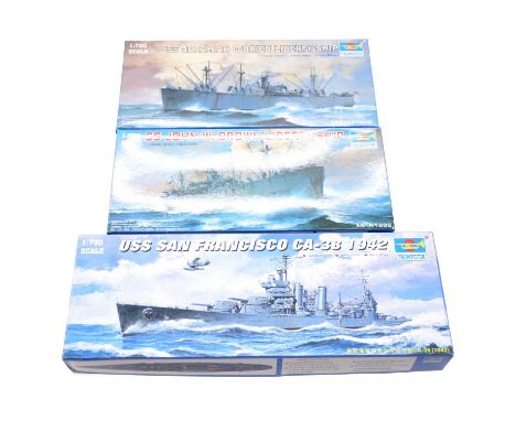 Trumpeter 1/700 scale model ship kits, three including ref. 05756 SS John W. Brown liberty ship; ref. 05746 USS San Francisco