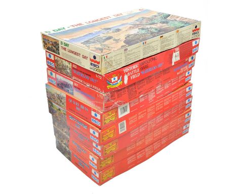 ESCI 1/72 scale model dioramas, eight including ref. 501 Isandhlwana; ref. 502 Waterloo 1815; ref. P-503 Balaclava 1854; ref.