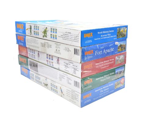 IMEX 1/72 scale figure sets, five including ref. 611 Alamo, sealed; ref. 610 Wagon train, sealed; ref. 609 'War of the Patrio