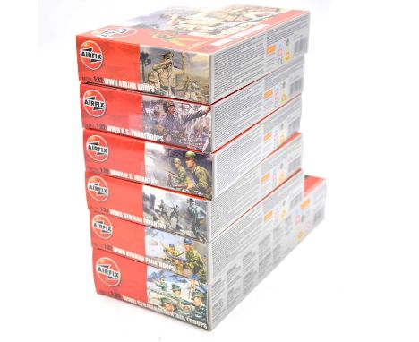 Airfix 1/32 scale WWII infantry figure sets, six including ref. A04713 German Mountain troops; ref. A02712 German Paratroops;