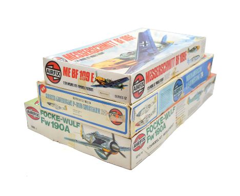 Airfix 1/24 scale model aircraft kits, three including ref. 16001 Focke-Wulf 190A; ref. 12002 ME BF 109 E; ref. 09501 P51-D M