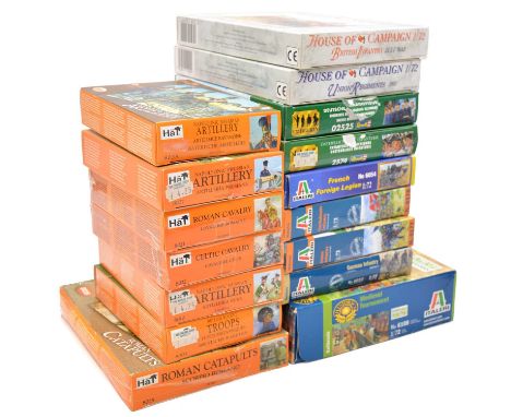 Sixteen 1/72 scale model figure sets, Italeri, Revell, Hat and 'A Call to Arms', including Italeri ref. 6108 Medieval tournam