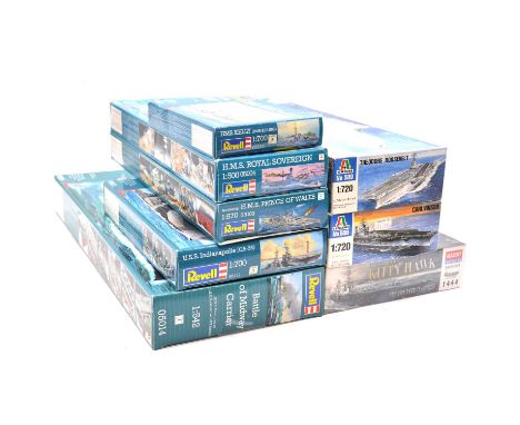 Eleven scale model ship kits, 1/500 to 1/1200 scale, including Revell, Italeri, Academy, Dragon and Airfix, all boxed, all ap