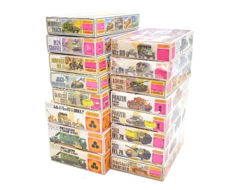 Matchbox 1/76 scale model military vehicle kits; sixteen including ref. PK-175 Monty's Caravan (x2); ref. PK-87 Panzer Jaeger