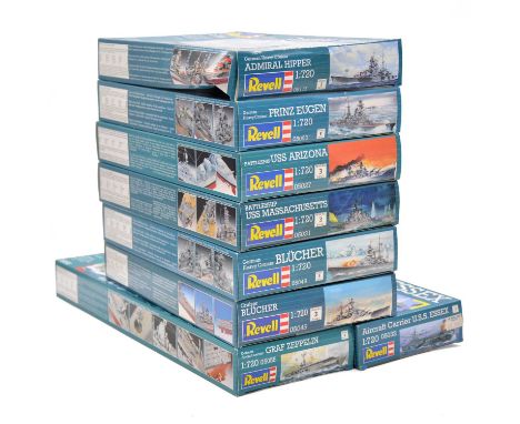 Revell 1/720 scale model ship kits, eight including Graf Zeppelin; USS Essex; Admiral Hipper; Prinz Eugen; USS Arizona; USS M