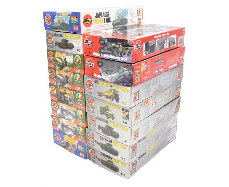 Airfix 1/72 scale model military vehicle kits, fifteen including ref. 0121 LCVP landing craft (x2); ref. 01322 'Willy's Jeep'